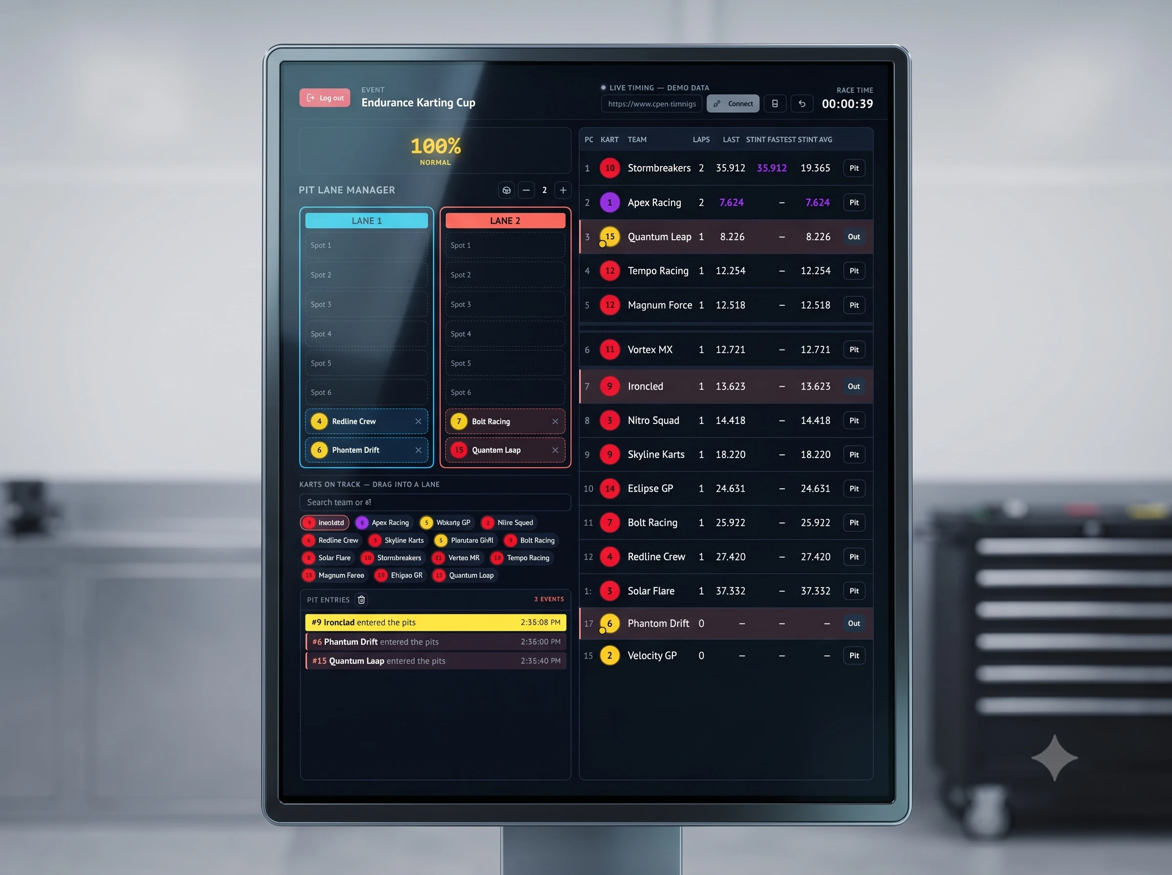Pit Lane Manager timing table showing color-coded team performance